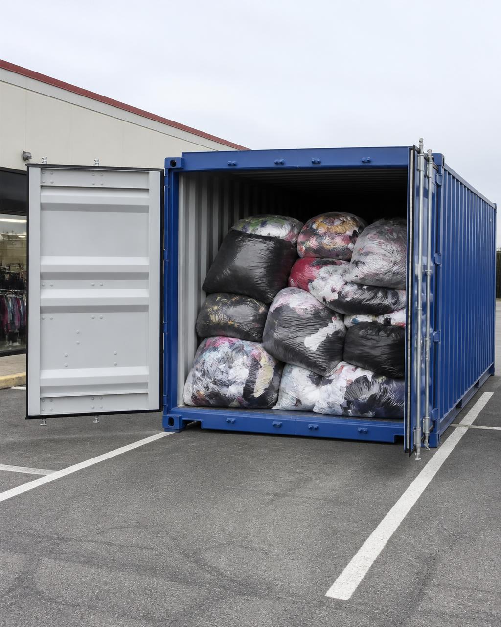 20-foot container filled with bagged clothing and textile overflow at a thrift store