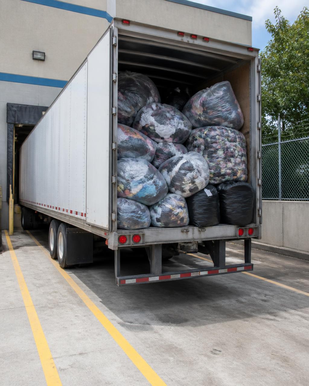 NBR Global 53-foot trailer loaded with premium credential clothing for thrift store overflow recycling